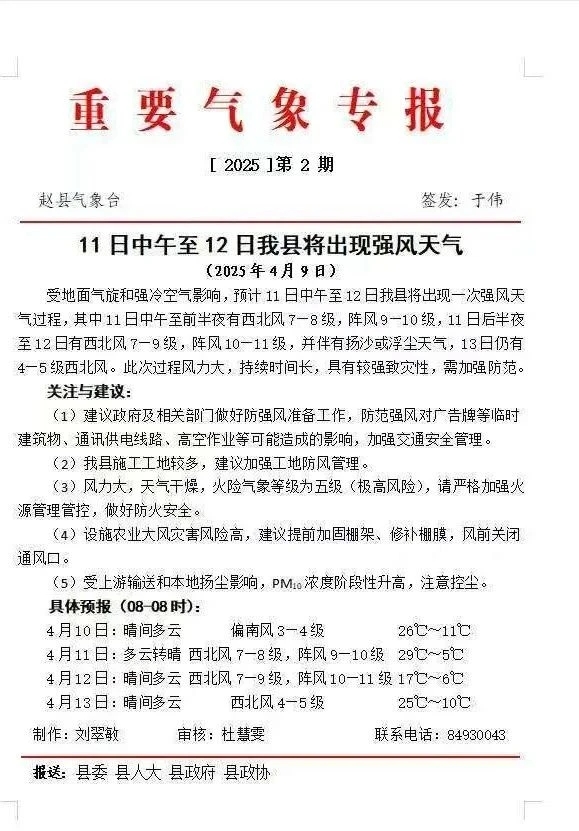 大风预警信息